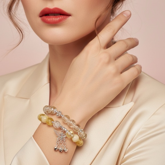 Yellow & White / Clear Beaded Bracelet Stack Handmade Stretch Bracelets - Picture 2 of 7